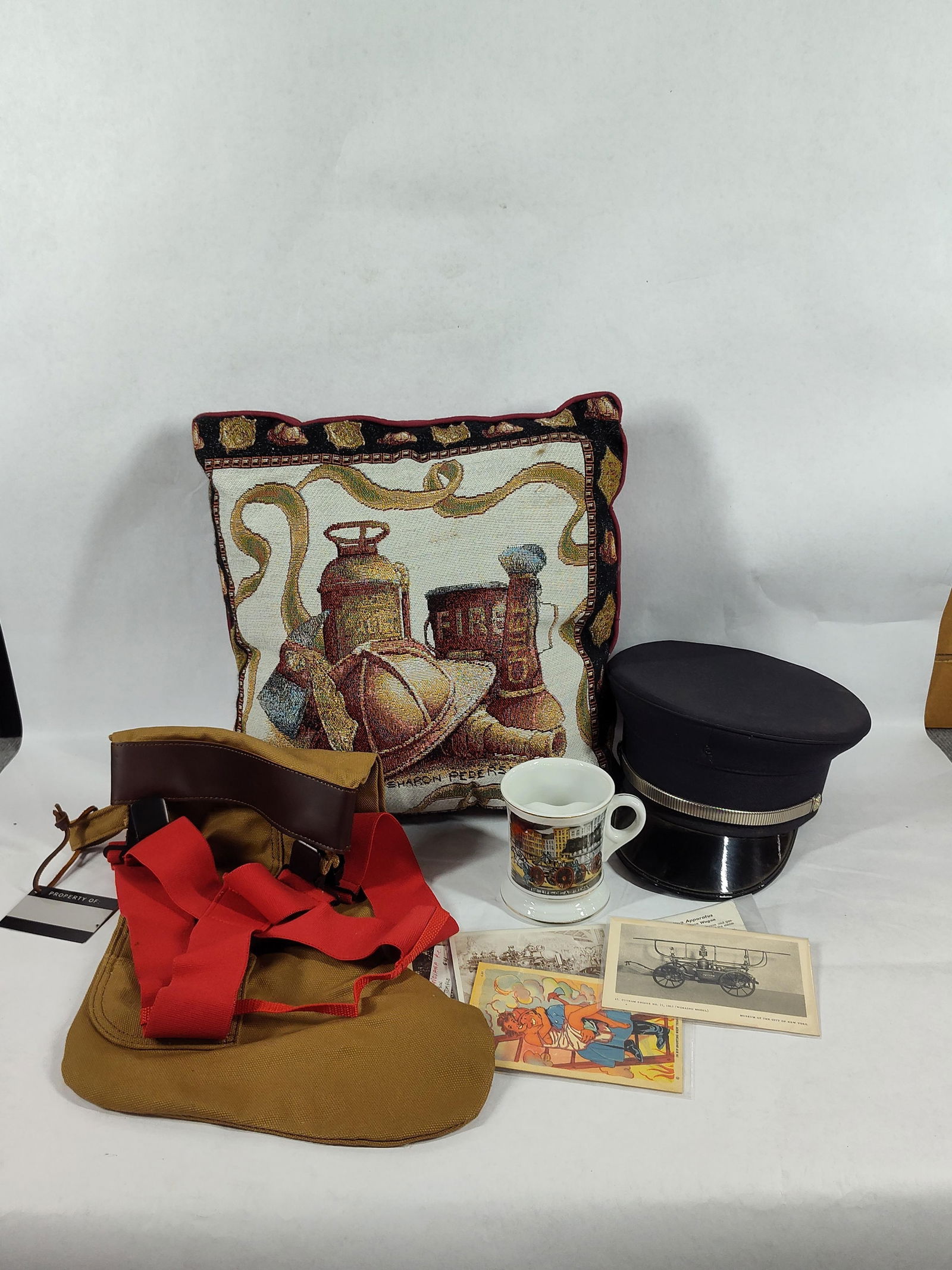 Commemorative Fire Fighting lot, Post cards, Mustache mug, Captain hat, stocking and pillow (1 of 8)