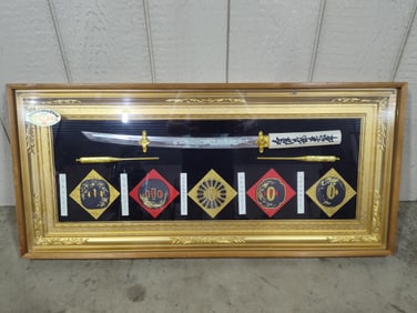 Framed Japanese Tachi Sword and Fittings for Samurai Swords predating the Katana