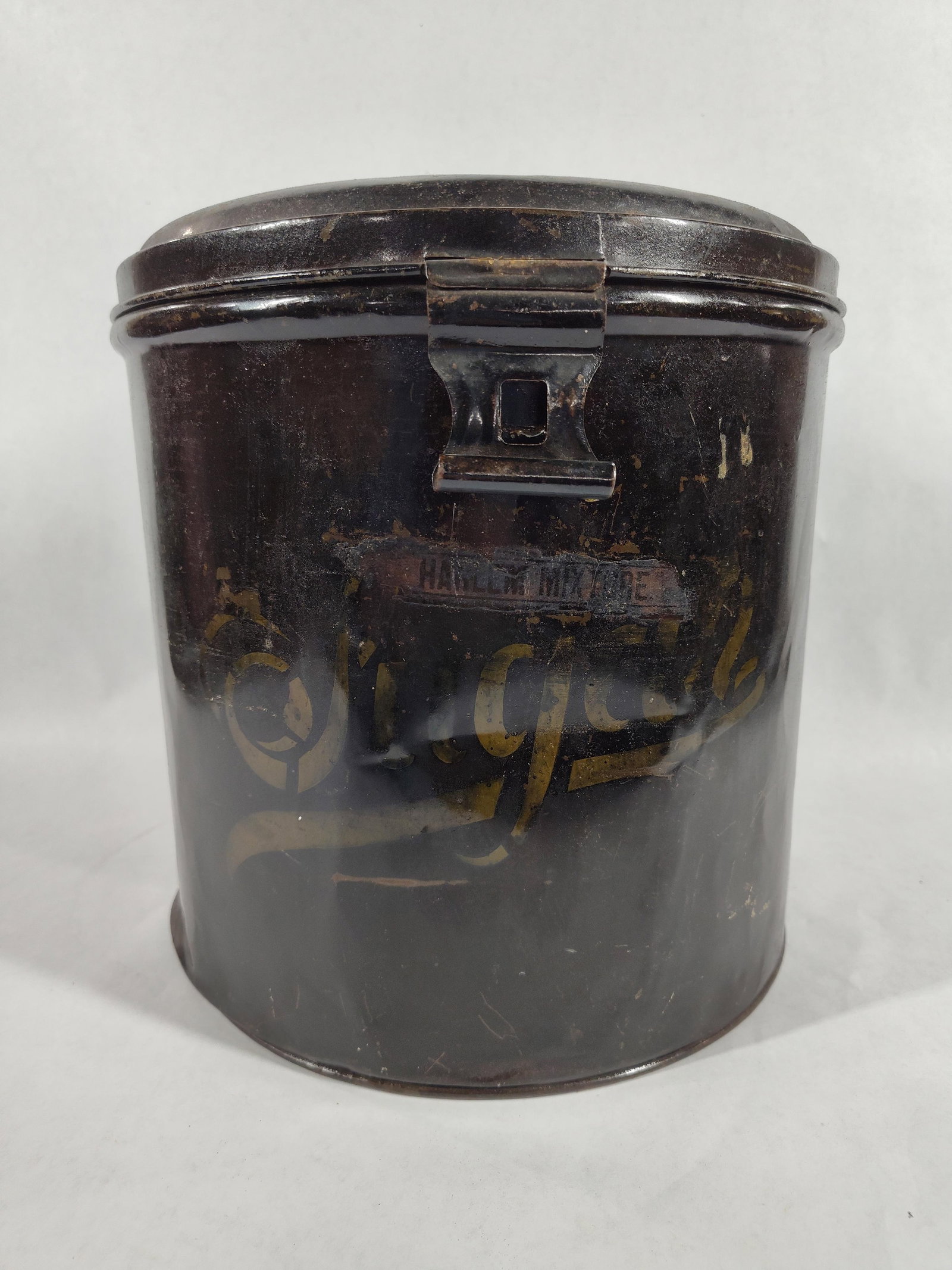 Antique black painted lidded sugar tin: 11 H?11 D?