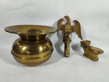 Brass Federal Eagle Ceremonial Flag Topper, Spittoon and Commode Ashtray lot of 3