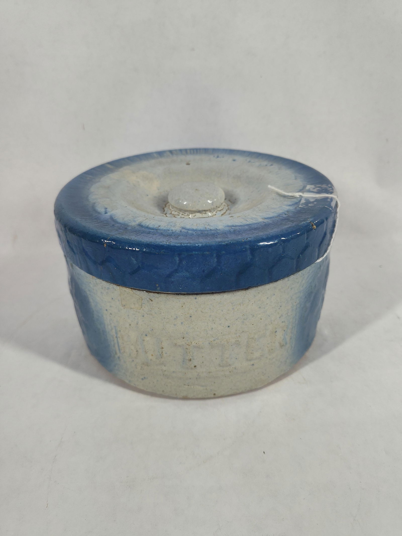 Late 19th Century Blue & White Stoneware Butter Crock: Cherry pattern w lid and matching base. 7x4