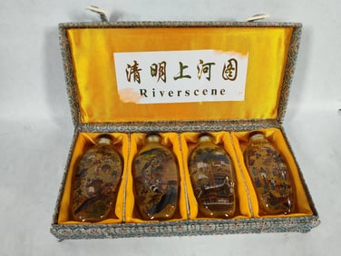 Chinese Riverscene Reverse Painted  Glass Snuff Jars/Bottles set of 4 No. 152