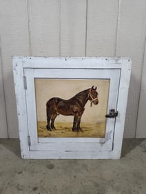 Primitive Painted One Door Shelved Cabinet w/ 1889 Artist signed Horse Print