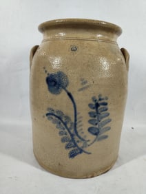 3 Gal. Cobalt Blue Decorated Handled Stoneware Crock