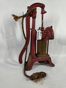 Antique Cast & Brass Red Painted Hand Water Well Pump / Pitcher Pump