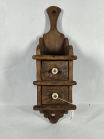 Primitive 2 drawer enamel knob wood wall hanging salt box