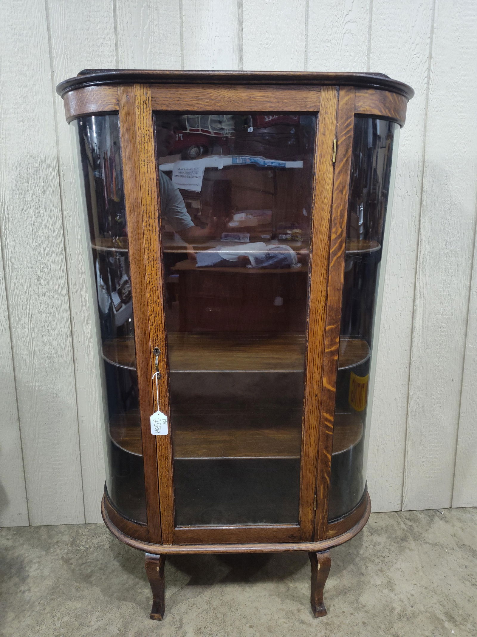 Quarter Sawn Oak Rounded Glass Curio: Beautiful grain with 4 interior shelves. 60x36x13