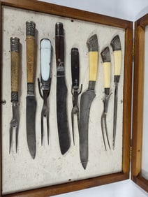 Cutlery Display in Showcase inc. Bakelite, Wood, Pewter, Porcelain and Bone handles