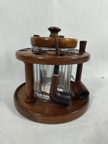 Mid Century Pipe display stand w/ glass tobacco humidor inc. Stocker's pipes and more