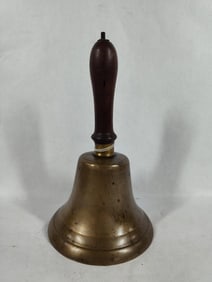 19th Century American Brass Teachers School Hand Bell w/ Wooden Handle