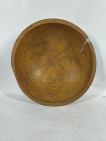 Primitive Yellow Painted Hand Turned Wood Dough Bowl