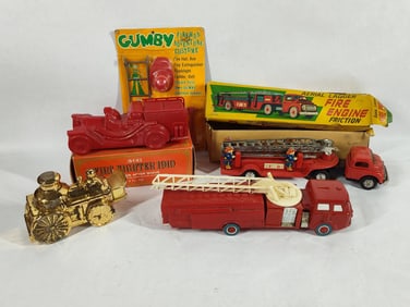 Fire Engine Friction Truck, Decanters and Gumby novelty Fireman Costume