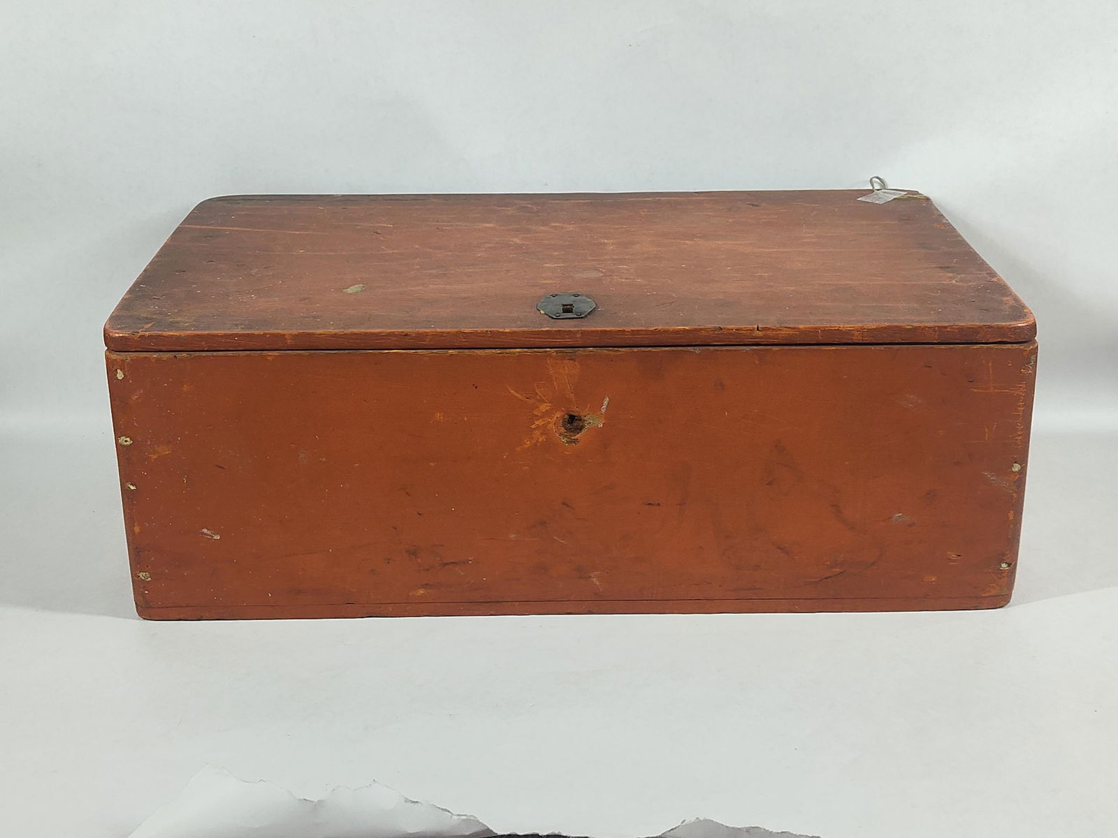 Salmon Painted Bittersweet Pin Box: Cut nail construction. Ca. 1850s. 20x12x7