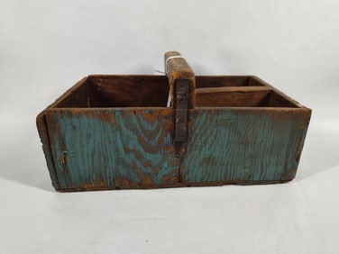 Primitive Blue Painted Wood handled Comparted Carrier