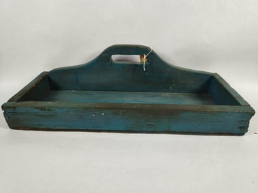 Great Primitive Blue Painted Handled Wood Seed/Plant Carrier
