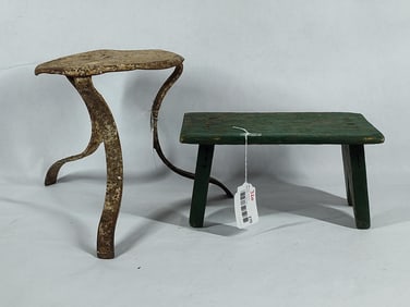 Green Painted & Metal Milking Stool