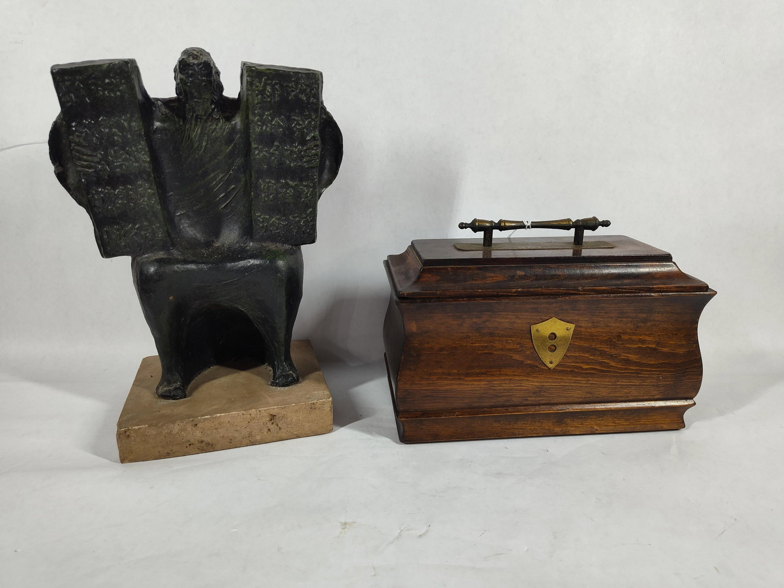 Modernist Guiseppe Sculpture and Coffin Style Lidded Box: Statue is marked Macri 1989, 12 inches tall.