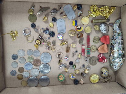 Shell Articulated Fish, Buttons, Pins, Coins, And Tokens: Dog tags, pilot pin, Boy scout items, ribbons, artillery shell and more. Ike Dollars and other US coinage