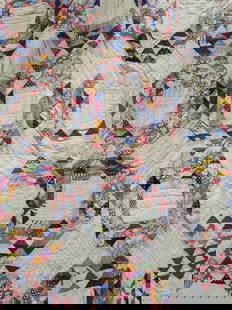 Colorful Hand Stitched Patchwork Quilt: Several small stains. 86inx105in