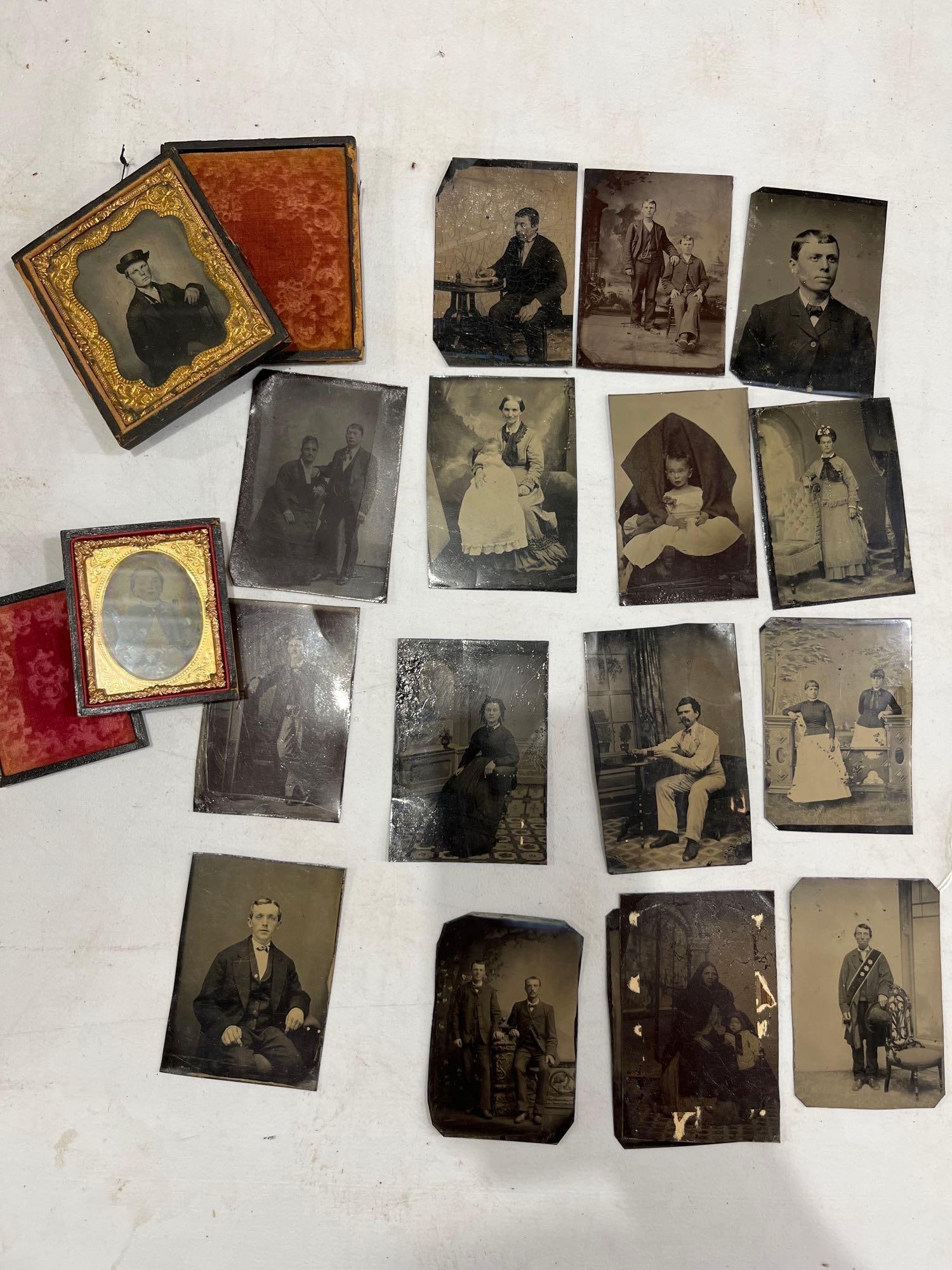 Tin Type Photos & Albums: Many men, women and children. Both albums are intricately designed.