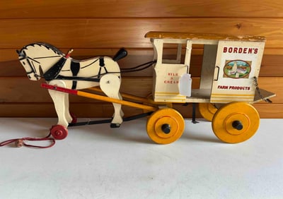 Pre 1934 Bordens Farm Products Milk & Cream Wood Pony Pull Cart by Rich Toys