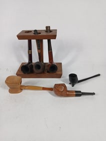 Walnut Pipe Holder w/ Estate Pipes