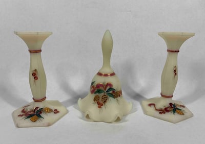 Fenton Hand Painted & Signed Ivory Satin Candle Stick Holders and Bell