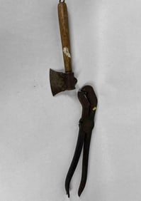 Primitive Twine Hatchet and Rare Iron Fence Multi Tool Plier Hammer Tack Puller Wrench