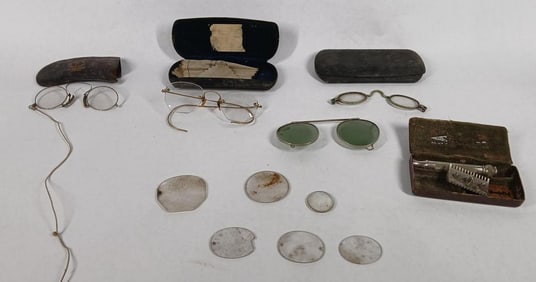 Lot of Early Wire Rim Glasses, Cases and Razor in Case Inc. 12K GE Rim
