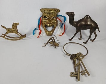 Brass Figural Collectible Lot Inc. Mime, Camel, Keys, Rocking Horse and Grasshopper