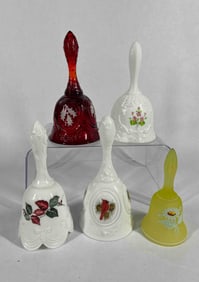 Hand Painted Signed Satin, Ruby and Milk Glass Bells