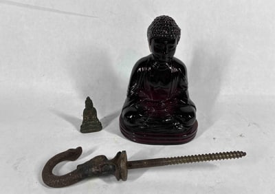 1930s Gillinder Red Glass Buddha, Dolphin Oriental Hook and Brass Figure