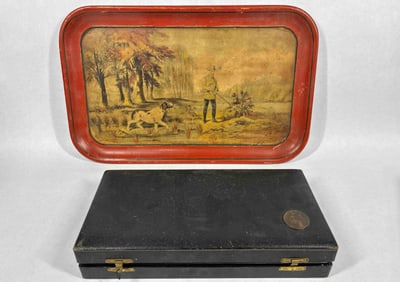 Currier & Ives Wooden Hunting Tray and Pistol Box