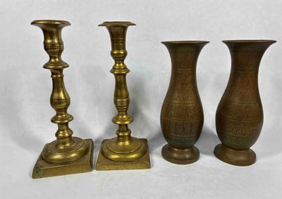 Brass Candlesticks and Decorated Vases