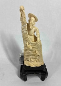 Chinese Natural Material Carved Fisherman w Net
