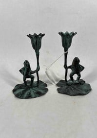 Brass Lily Pad Frog Candlesticks