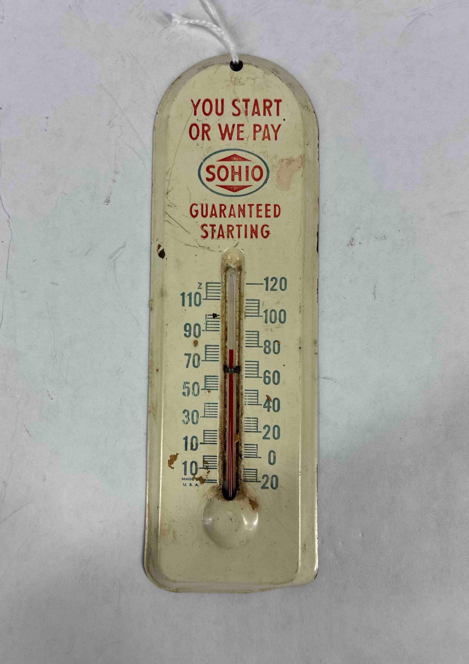 Sohio Service Station Advertising Therm: Showing all parts fully intact and in good working order with some fading to print? 6.5 in.?