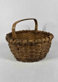 Early Hand Woven Splint Handled Harvest Basket