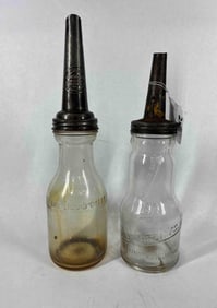 Lot of 2 One Quart Oil Bottles w/ Spouts Inc. Atlas & Marquette Mfg.