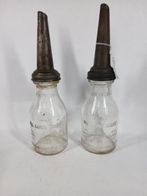 Lot of 2 Atlas One Quart Oil Bottles w/ Spouts