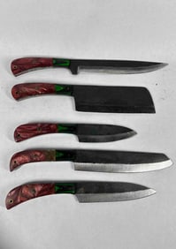 Forest Green & Coral Damascus Blade Knife Set