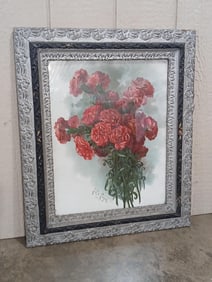 Paul De Longpre Artist Signed 1899 Framed Print of Red Carnation Bouquet in Ornate Frame