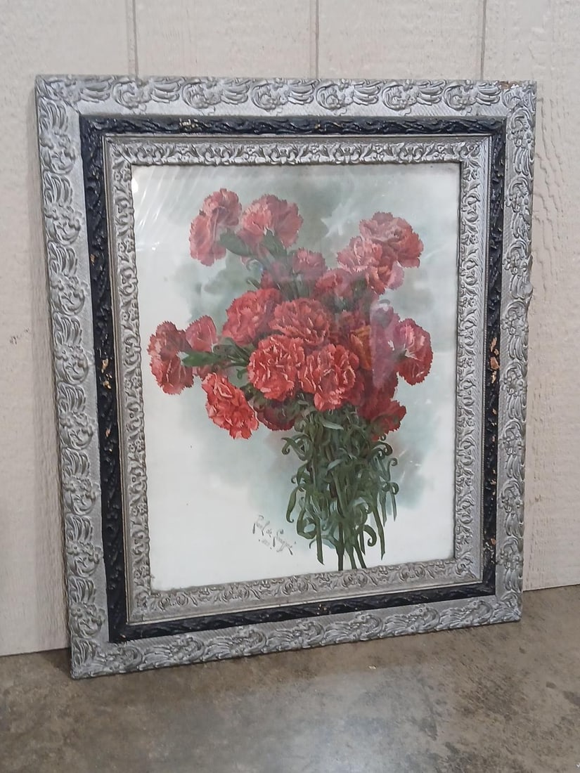 Paul De Longpre Artist Signed 1899 Framed Print of Red Carnation Bouquet in Ornate Frame (1 of 9)