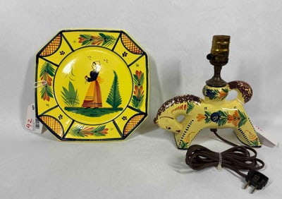 Henriot Quimper Hand Painted Platter & Lamp