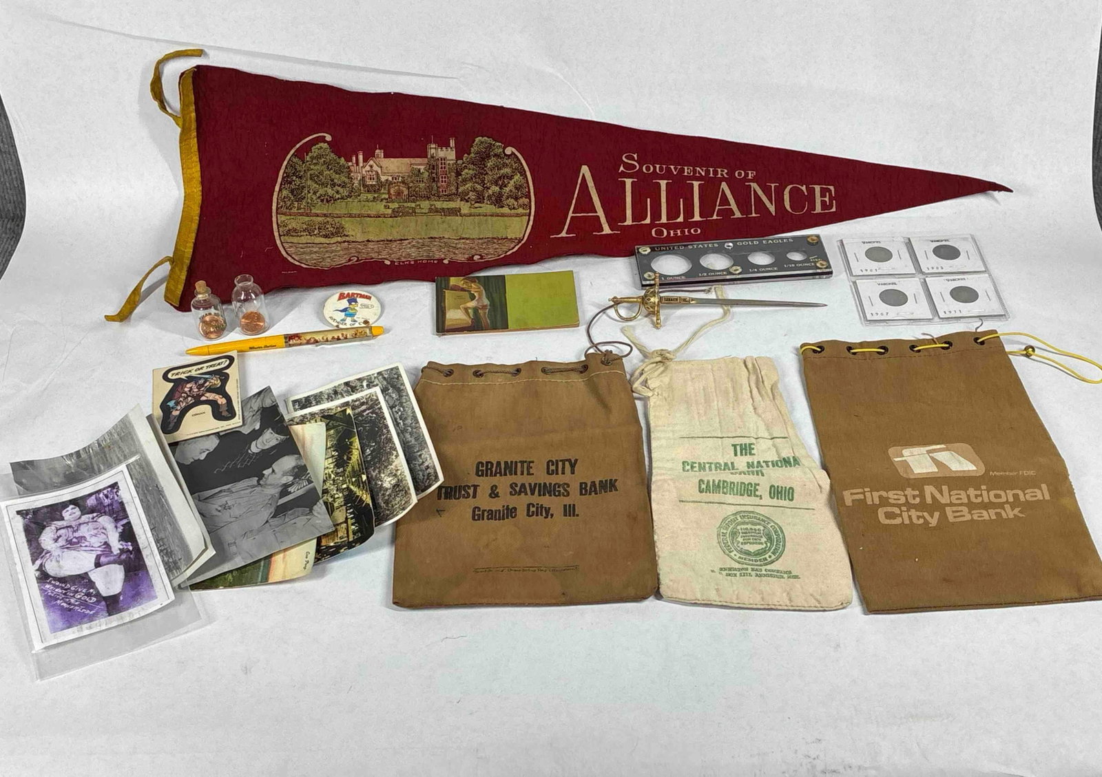 Fist Nat. Bank Bags, 1900's V-Nickels, Post Cards, Pennant and More: This collectible lot includes a variety of items as shown in photos and would make a great addition to any collection