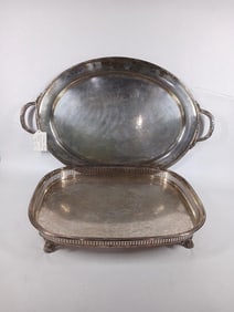 Lot of 2 Large Silverplate Handled Serving Platter and Footed Serving Tray