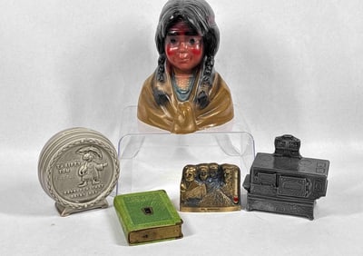 Chalkware Native American Girl, Advertising, and Ceramic Banks