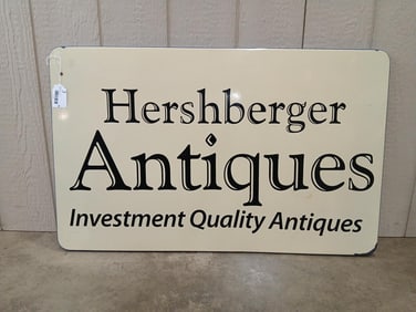 Enamel Hershberger Antiques Shop Sign