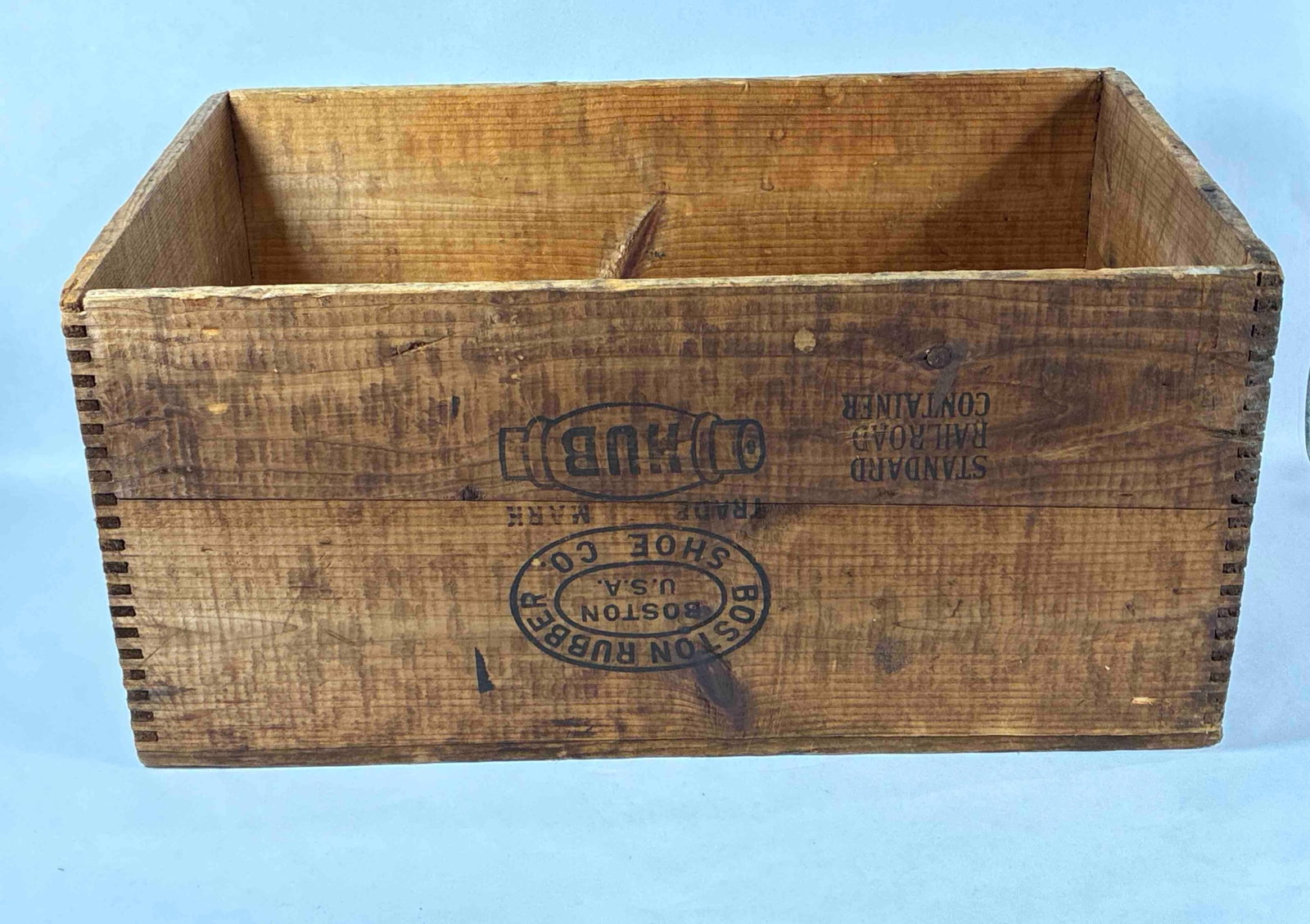 Boston Rubber Shoe Company Shipping Crate: Bottom of box shoes Shipment was to arrive in Pleasantville Pa. With stenciling on 4 sides and dovetailed edges. 22x14x10