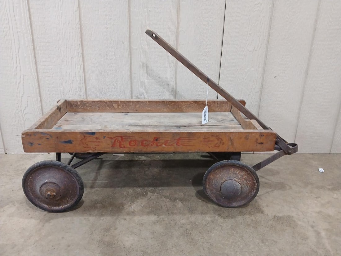 Wooden Rocket Wagon: Metal wheels, wooden body and wooden wheels. 32x14x12